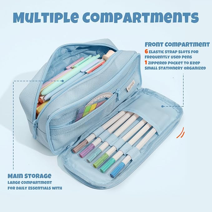 SUNEE Pencil Case, Large Capacity Pencil Pouch, Aesthetic Big Pen Bag 900D Oxford Pen Box for Office Stationery Organizer School Supplies Multifunctional for Teen Boys Girls Women Men, Blue