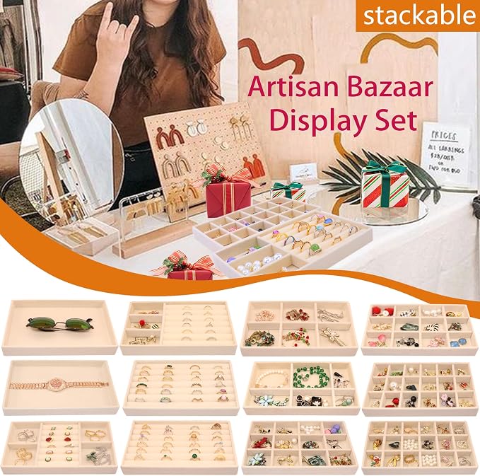 12Set Jewelry Trays Velvet Jewelry Display Plate Stackable Jewelry Drawer Organizer Earring Organizer for Women