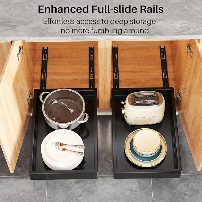 2Pack Pull out Cabinet Organizer, 21"Deep, Heavy Duty Full-extension Slide out Drawers for Kitchen Cabinet, Roll out Shelf Storage with Nano Adhesive for Pots,17"W x 21"D x 3.1"H, Black
