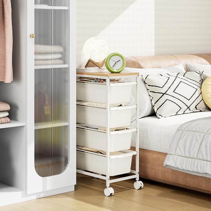 Slim Rolling Storage Cart with 4 Drawers, Craft Organizer, Wooden Tabletop Utility Cart for Bedroom, Children's Room and Office Organization, Table Side Trolley with Lockable Wheels, White