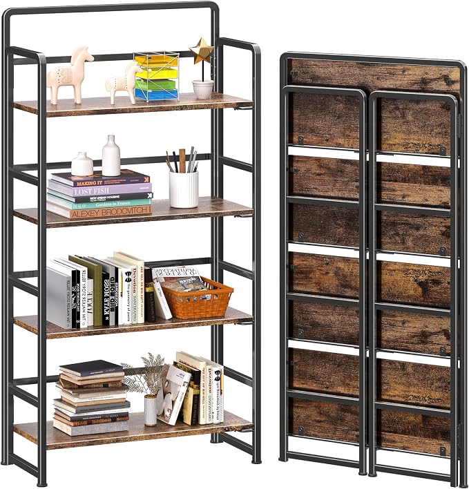 4NM No Assembly Folding Bookshelf, 4-Shelf 54" H Collapsible Foldable Bookcase Storage for Small Spaces, Rustic Brown and Black