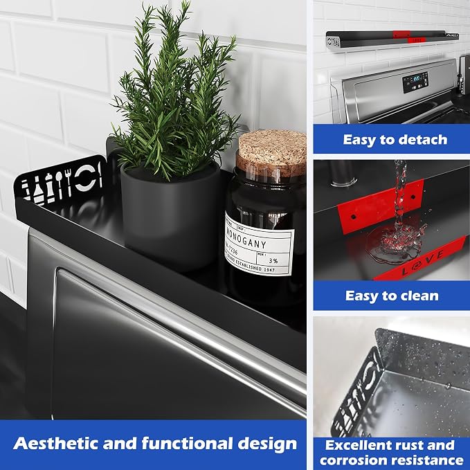 STUTOV 30" Magnetic Stove Top Shelf – Black Spice Rack with Red LOVE Design – Seasoning Organizer for Back of Stove – Over Stove Rack and Kitchen Storage Shelf