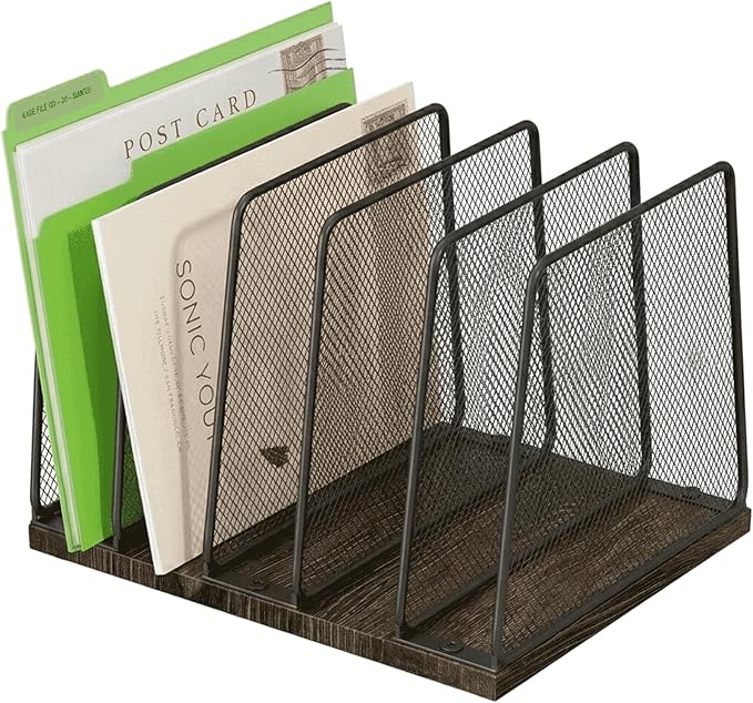 5-Section Vertical File Organizer for Desk, Sturdy Wood Base & Metal Mesh Desktop File Holder, Upright Paper Folder Sorter for Office Supplies（Rustic Brown）