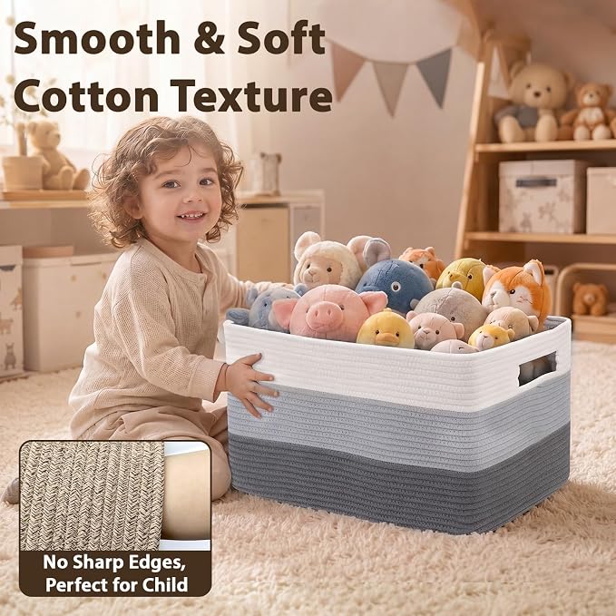 Optish 95L Large Blanket Basket, Woven Storage Baskets with Reinforced Handles, Rope Laundry Basket for Living Room, Bedroom, Nursery, Toys, Clothes, Pillows, 24” x 17” x 13.5”, White & Grey