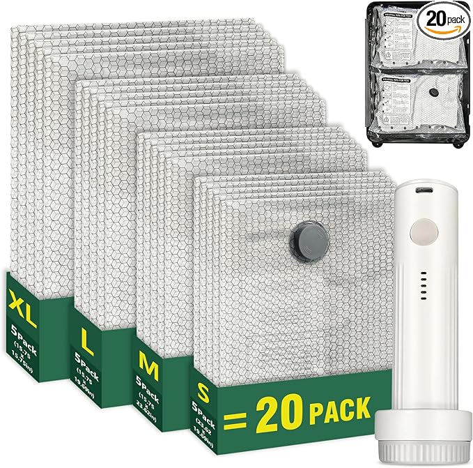 20 Pack Travel Vacuum Storage Bags with Rechargeable Wireless Pump, Vacuum Seal Bags for Clothes, Space Saver Compression Bags in 4 Carry-On Sizes for Luggage, Bedding & Seasonal Storage