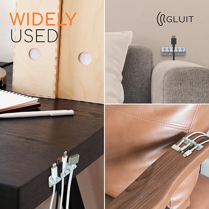 GLUIT Cord Organizer for Desk Cable Holder for Nightstand Charger Organizer Adhesive Desktop Versatile Wire Multislot Clips and Table Management Accessories Office Spaces New Grey 5 Pack, 15 Slots