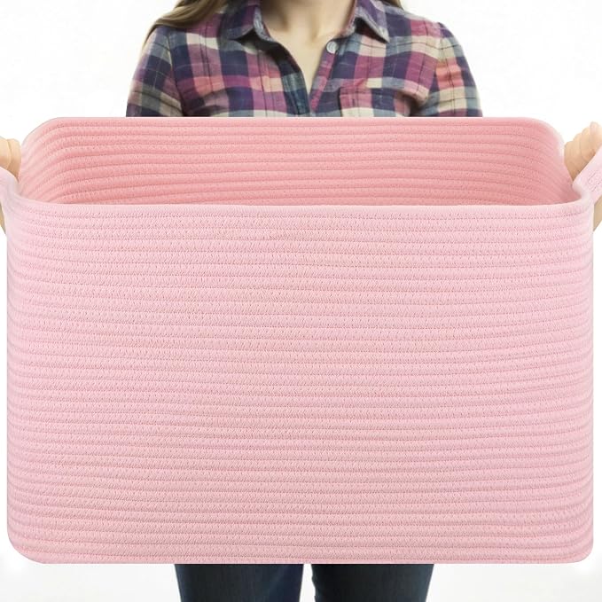 OIASKET Large Blanket Basket, Blanket Storage Living Room, Rectangle Woven Baskets for Storage Toys, Towels, Dirty Clothes Organizer Bins (Pink)