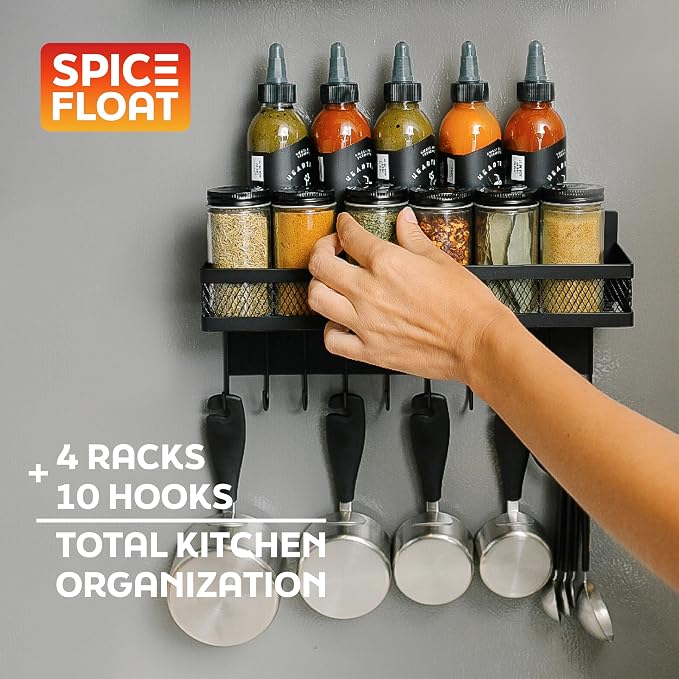 Houseify Spice Float Magnetic Spice Racks, Set of 4, Black | Epoxy-coated 4.5mm steel, neodymium magnets, 10-hook bar, holds 40 lb, no installation required