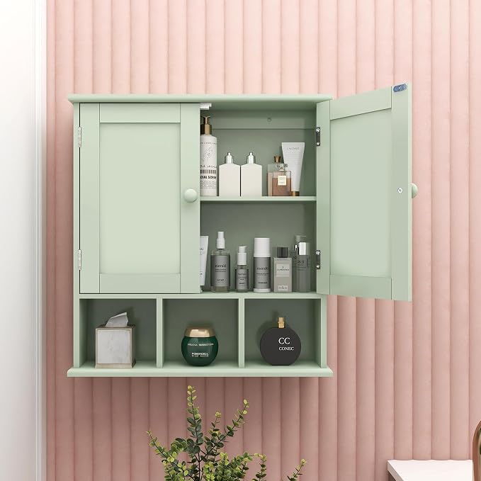 TaoHFE Green Bathroom Cabinet,Bathroom Wall Cabinet with 2 Door Adjustable Shelves,Over The Toilet Storage Cabinet,Green Bath Room Cabinet Wall Mounted,Medicine Cabinets for Laundry Kitchen