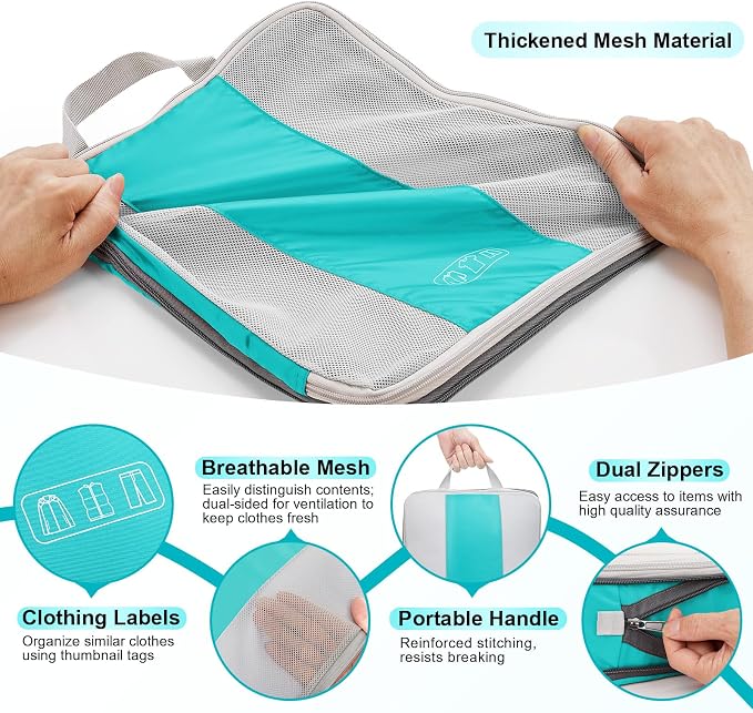 OlarHike 10 Set Compression Packing Cubes for Travel Essentials,Compressible Expandable Space Saver Bags for Organizing Clothes,Luggage Suitcase Garment Bags with Over 1000 pcs Mesh Holes(Blue Green)