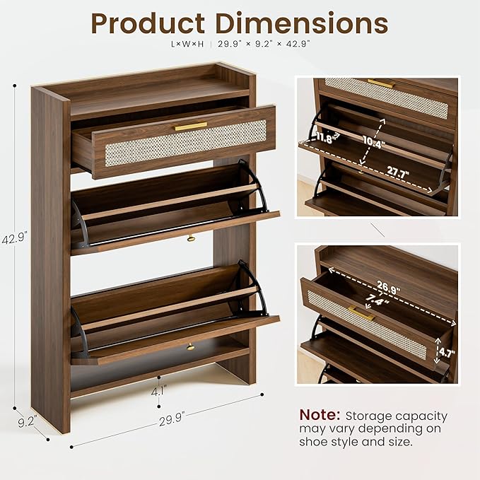 Rattan Shoe Storage Cabinet - Hidden Entryway Shoe Storage with Adjustable Shelf, Slim Shoe Organizer Cabinet with 2 Flip Drawers & 1 Drawer, Modern Shoe Cabinet Storage for Hallway Entrance