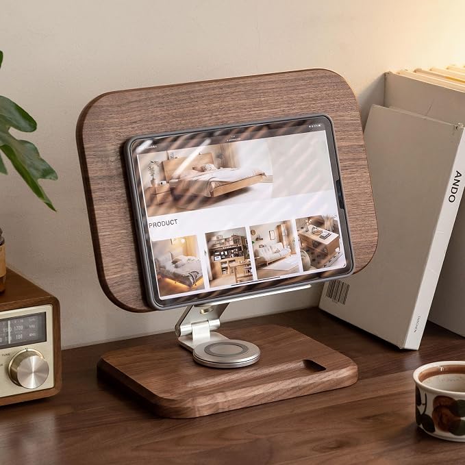 Solid Walnut Wood Bookshelf, Adjustable Book Stand, 360° Rotatable Foldable Laptop & Cookbook Holder for Bedroom Office Study