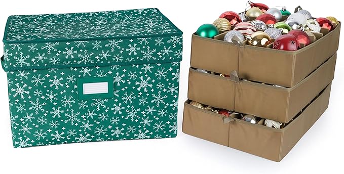 Covermates Keepsakes Adjustable Ornament Storage Box – Heavy-Duty Polyester, Padded Dividers & FlexGrid Trays – Protective Holiday Organizer with Stackable Walls & Label Window, Green Snowflake