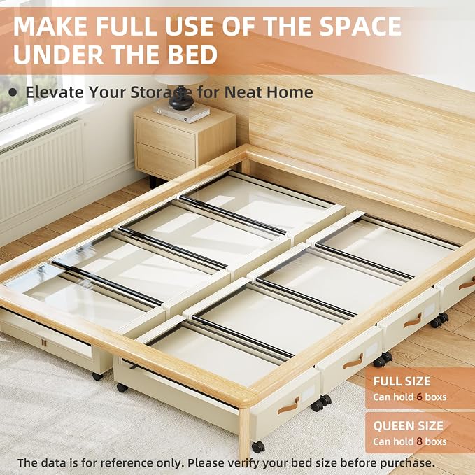 Somdot Under Bed Storage with Wheels, 2 Pack Bed Storage Containers with Dividers & Clear Lids, Easy Pull-out Metal Drawer for Clothes, Shoes,Toys, Blankets (Beige)
