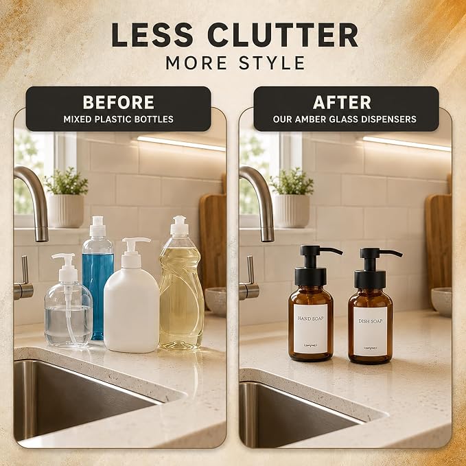 2Pcs Amber Glass Foaming Soap Dispenser - 8.5 oz Amber Glass Soap Dispenser with Pump, Compatible with Hand Soap, Dish Soap, Shampoo and Gel, Durable, Stylish & Refillable for Bathroom and Kitchen