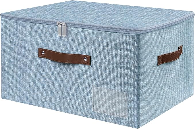 ANMINY Fabric Storage Box Bins with Zipper Lid, Washable Blue | Cotton Linen Fabric, PP Board Frame, Label Holder, Stackable & Foldable, PU Handles, Dual-Zipper 3-Side Open Lid, Large