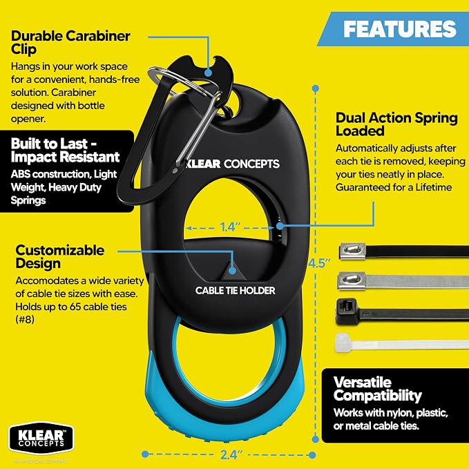 Zip Tie Holder with Carabiner Clip, Holds Up to 65 Zip Ties | Spring Loaded Design Clips onto Any Tool Belt or Ladder for One Handed Access, Built For Mechanics, DIYers & Electricians
