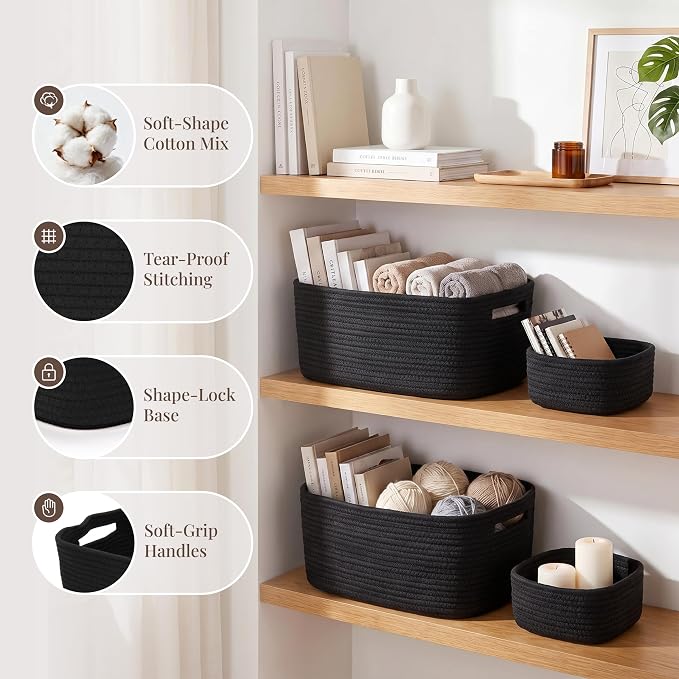 4-Pack Large Woven Rope Storage Baskets, 2 Sizes Organizer Bins | Fabric Cube Boxes and Rectangular Shallow Bins for Closet, Shelf, Bookshelf, Nursery, Changing Table, Bathroom, Toys & Home