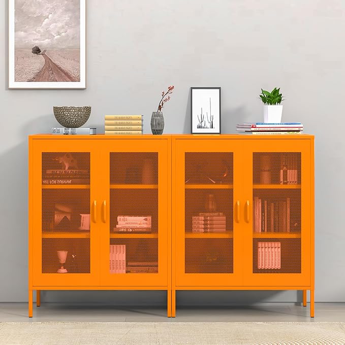 Ustamio Orange Metal Storage Cabinet with Mesh Doors, Small Office Cabinet with 2 Adjustable Shelves, Accent Metal Locker Storage Cabinet for Home, Office, Living Room, Hallway