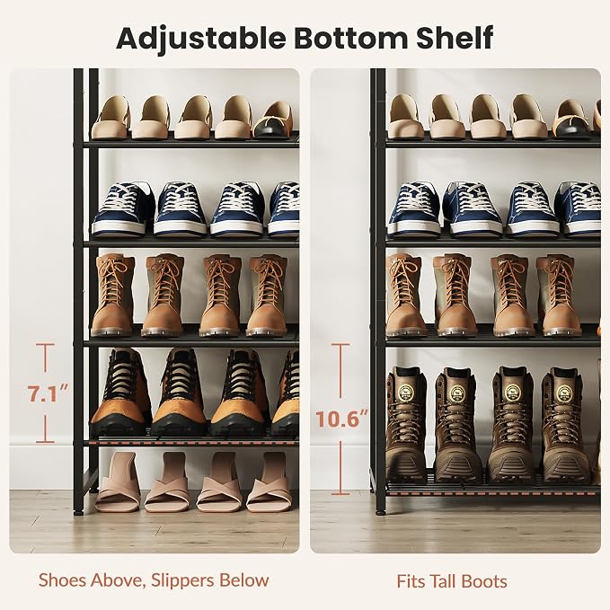 8 Tier Shoe Rack Organizer for 32-40 Pairs, Tall Metal Shoe Storage Shelf with Wood Top, Adjustable Boot Space, Narrow Design for Entryway Closet, Rustic Brown and Black