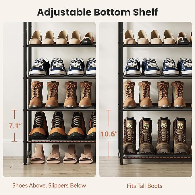 8 Tier Shoe Rack Organizer for 32-40 Pairs, Tall Metal Shoe Storage Shelf with Wood Top, Adjustable Boot Space, Narrow Design for Entryway Closet, Black