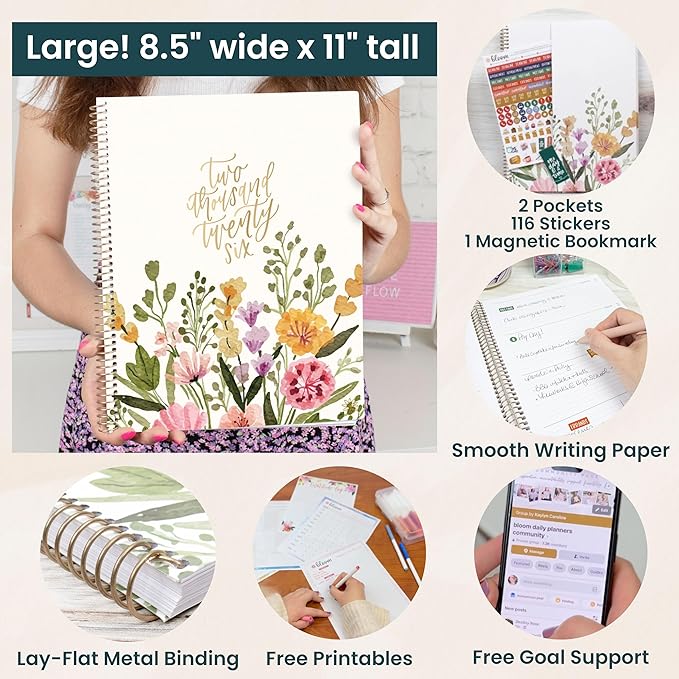 bloom daily planners 2026 Planner (January to December) - 8.5” x 11” Weekly & Monthly Dated Agenda Organizer Book with Stickers & Tabs - Flexible Soft Cover - Beige Bouquet