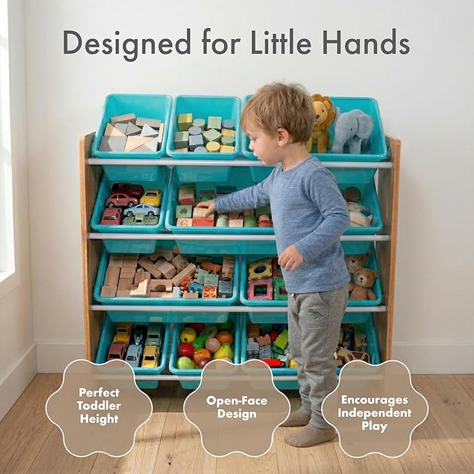 Humble Crew Toy Storage Organizer with 12 Removable Storage Bins for Kids Playroom, 4-Tier Toddler Toy Organization and Storage, Natural Wood/Aqua