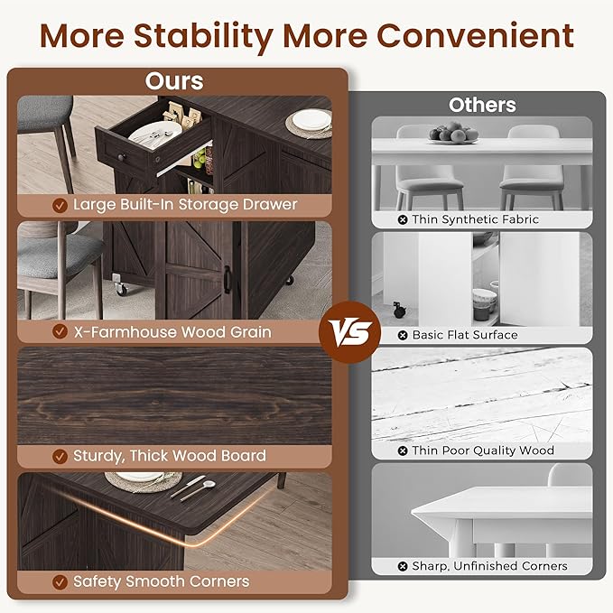 Jocoevol Folding Dining Table for Small Spaces, Space Saving Foldable Kitchen Table with Drawer & 2-Tier Storage Shelf, Rolling Expandable Dining Table with Wheels, Farmhouse, Dark Walnut