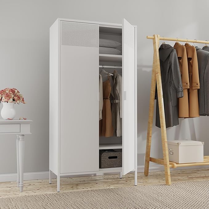 Washsemba Metal Storage Cabinets Locker with Hanging Rod and Adjustable Shelves, 71'' Clothing Steel Storage Wardrobe for Home & Office, School, Employee,Gym(White, 71''H-Wardrobe)