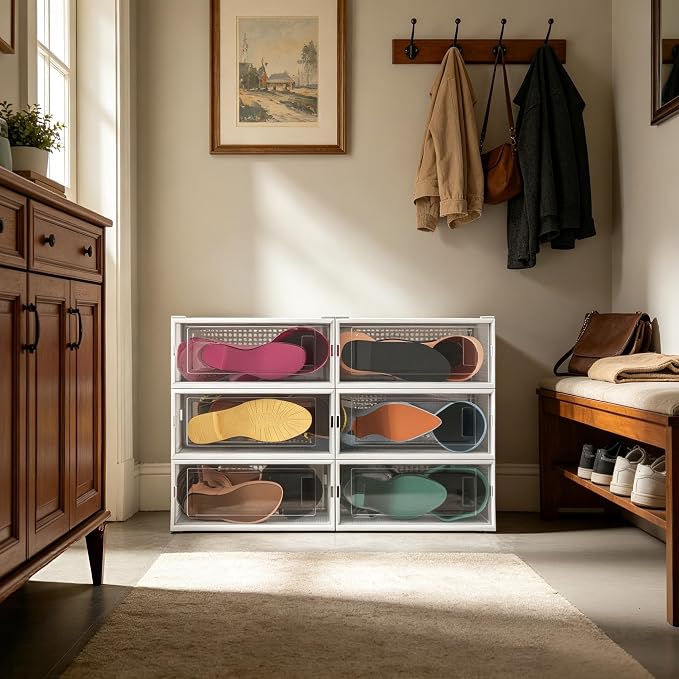 6 Pack Stackable Shoe Storage Boxes, Plastic Shoe Organizer Drawers Bins for Closet, Ventilated Shoe Containers with Lids for Sneakers, Heels and Boots, Clear