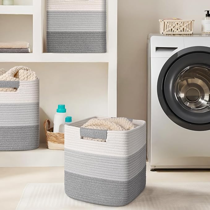 12 Inch Storage Cubes, 3 Pack Cube Storage Bins for Organizing, Cotton Rope Woven Baskets for Shelves, Bathroom, Kids Room, Closets, Baby Nursery