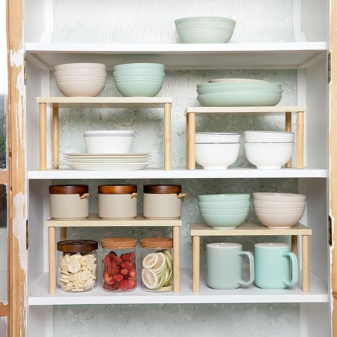 Aminigram Wood Cabinet Organizer Shelf, Set of 4 Kitchen Counter Shelves, Stackable Plate Organizer for Cabinet, Pantry Cupboard Dish Mug Cup Storage Shelf