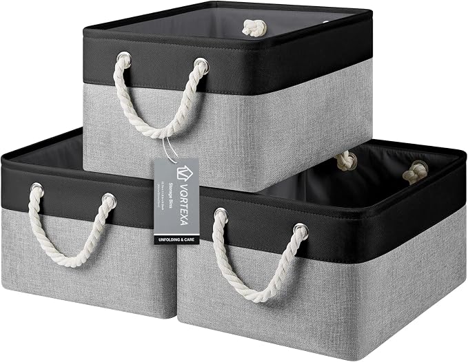 Large Storage Baskets- 15.7x11.8x8.26 inch Storage Bins for Shelves and Closet Organizing, Foldable Fabric Bin for Home Organization Clothes and Laundry (3-Pack, Black&Gray)