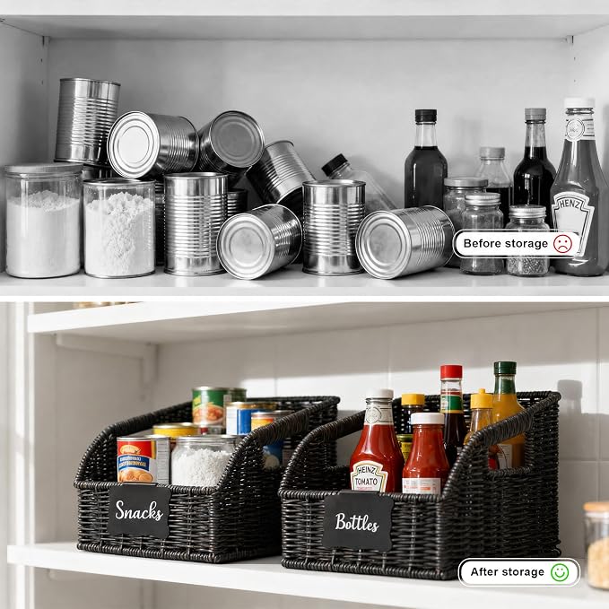 Brownlily Wicker Pantry Storage Baskets with Chalkboard,Handwoven Baskets for Organizing with Built-in Handles, All-Purpose Storage Baskets for Shelves, Laundry Room, Black - Single Set (3-Piece)