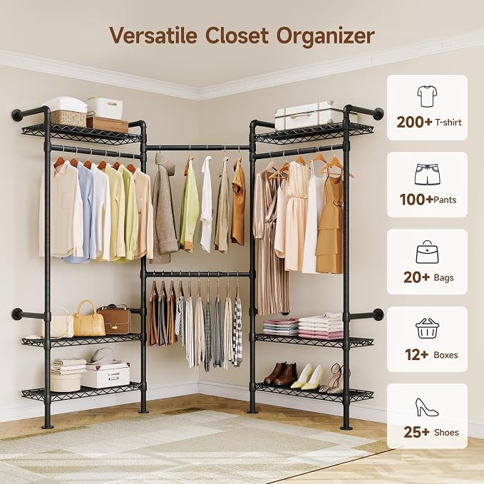 L3 Wall Mounted Metal Pipe Closet System Heavy Duty Corner Garment Rack | Max Load 950LBS with 4 Telescopic Rods & 6 Wire Shelves Black Industrial Modular Clothing Clothes Rack Wardrobe Closet