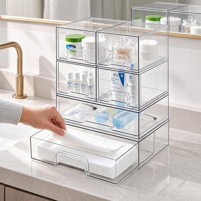 TIPGO Clear Stackable Storage Drawers, Acrylic Bathroom Makeup Organizer, Plastic Bins for Art Tool & Sketch, Sturdy and Durable Containers for Countertop, Cabinet, Vanity, Pantry Organization