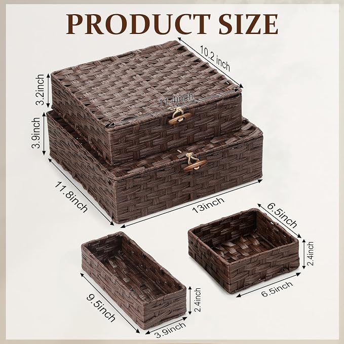 Newtay Set of 4 Woven Wicker Storage Baskets with Lids, Decorative Storage Boxes Lidded Rattan Organizer Bin Home Decor for Shelf, Coffee Table, Closet, Bathroom, Living Room(Plastic,Brown)