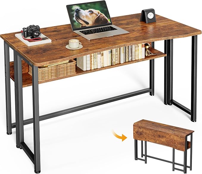 Huuger Folding Desk with Storage Shelf, 39.3 Inch Foldable Computer Table for Small Spaces, Space Saving Sofa Table for Couch, Writing Work Office Computer Desk, Easy to Fold, Rustic Brown