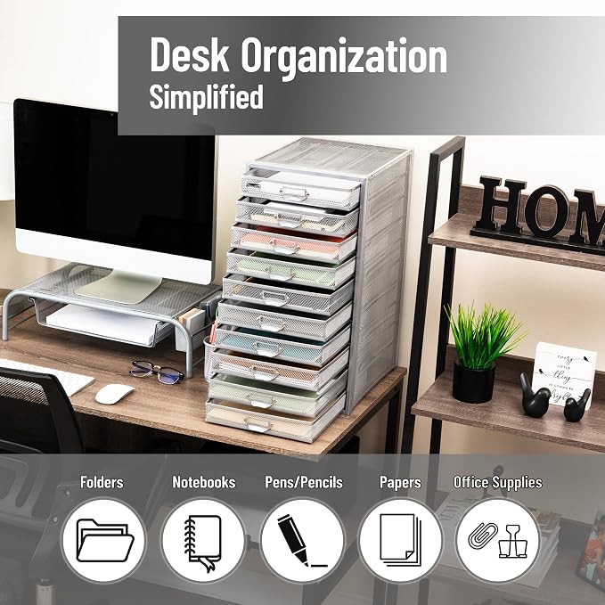 Mind Reader 10-Drawer Desk Organizer for Office Supplies, Crafts, Mail Sorting & More, Metal Mesh, Silver