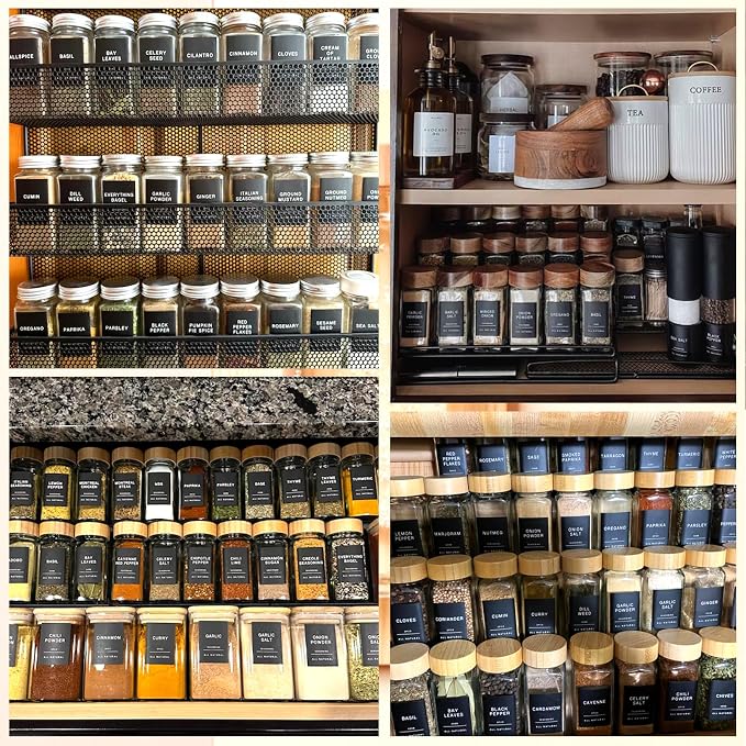 201 Spice Jar Labels - Black Preprinted Minimalist Waterproof Stickers for Kitchen Jars, Herb & Seasoning Labels for Pantry Organization