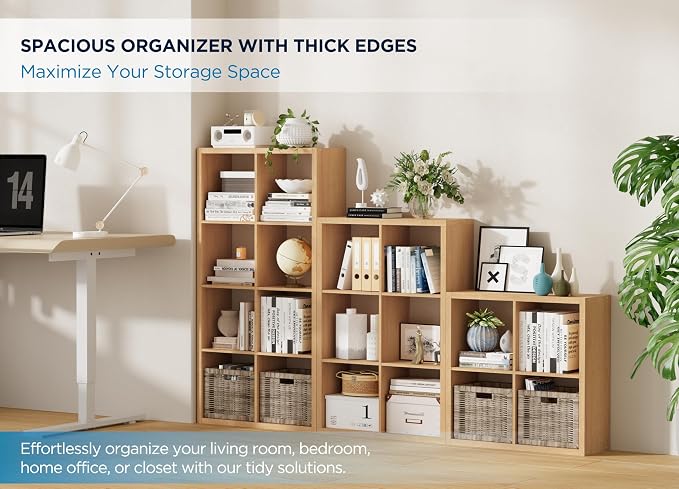 12 Cube Storage Organizer, Wooden Cube Shelf Bookcase with Reinforced Thick Shelves, Heavy-Duty 36.93" L x 9.37" W x 48.82" H, for Living Room Bedroom Home Office, Natural-Oak