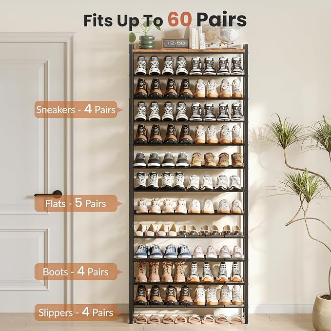 12 Tier Shoe Rack Organizer for 48-60 Pairs, Tall Metal Shoe Storage Shelf with Wood Top, Adjustable Boot Space, Narrow Design for Entryway Closet, Rustic Brown and Black