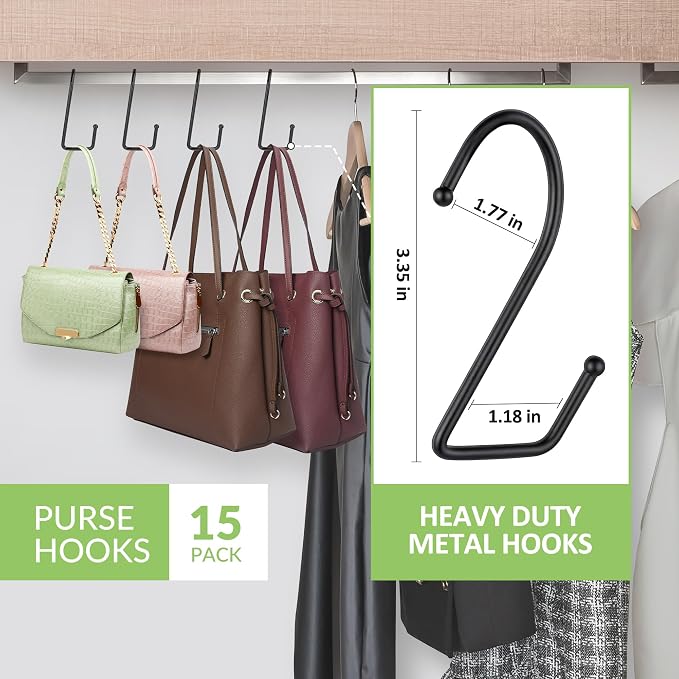 15 Pack Purse Hanger for Closet, Super Sturdy Purse Hooks, Hanging Backpack Bag Holder, Closet Organizers and Storage, Black