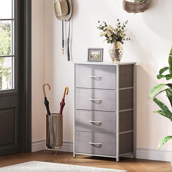 ODK Small Dresser for Bedroom with 4 Storage Drawers, Light Grey | Dresser Chest of Fabric Drawers with Sturdy Steel Frame for Small Space, Wood Top