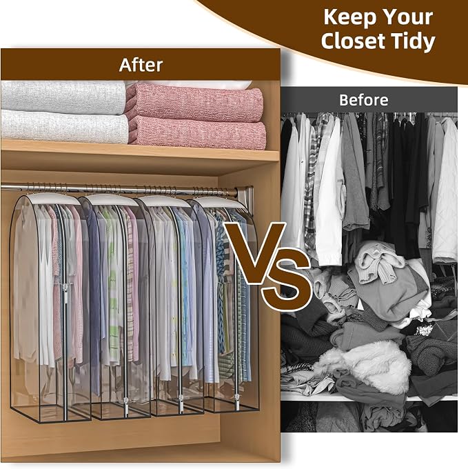 Upgraded Thickened Clear Garment Bags for Hanging Clothes 4 Packs, 10“ Gusseted Clothes Hanging Storage Bags for Closet, Shirts, Coats, Dresses (32 inch)