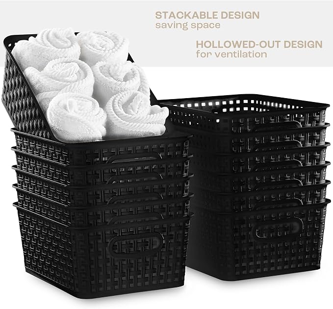 Black Storage Baskets, 12-Pack Stackable Plastic Woven Basket Organizer and Storage, Pantry baskets for Shelves, Cabinets, Classroom, Kitchens, Bathrooms, Countertops and Bedrooms