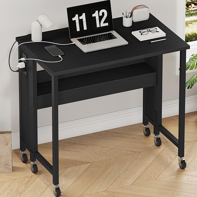 CHOEZON Folding Desk with Power Outlets, 31.5" Rolling Computer Table with Wheels, Portable Office Desk with Storage Shelf for Small Spaces Black TDN01UBB
