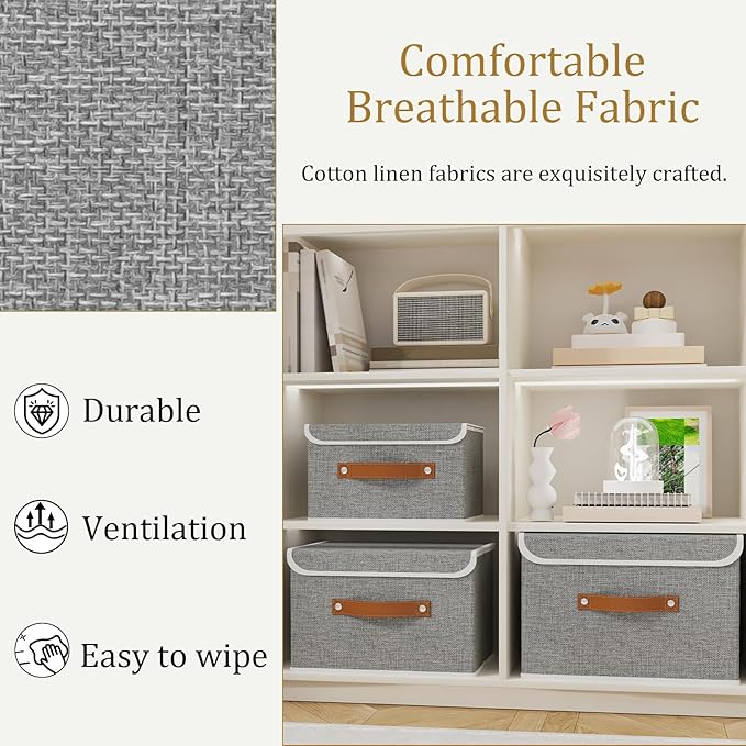 OUTBROS Collapsible Storage Cubes with Lid, Linen Fabric Wardrobe Baskets, Large Box For Towels, Clothes, 15 x 9.8 x 9.8 inch, Grey, 3-Pack