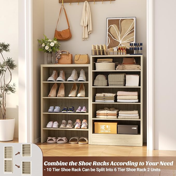 Aheaplus Tall Shoe Cabinet, 10 Tiers Narrow Wood Shoe Rack, Shoe Storage Organizer with Open Storage, Vertical Shoe Shelf Tower for 20-22 Pairs, Space Saving, for Closet, Entryway, Bedroom, 2White Oak