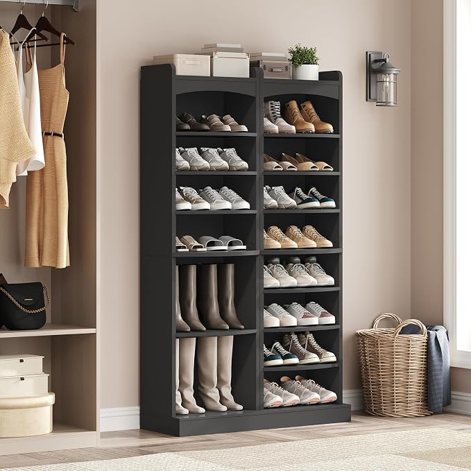 YATINEY 9-Tier Tall Shoe Rack, Wooden Shoe Storage Organizer, Narrow Shoe Cabinet with Removable Shelves for Small Spaces, Holds 18 Pairs of Shoes, for Entrance, Hallway, Black SS22BK